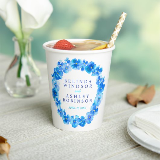 青パンジーの花リース水の色結婚のアート 紙コップ (インサイチュ)