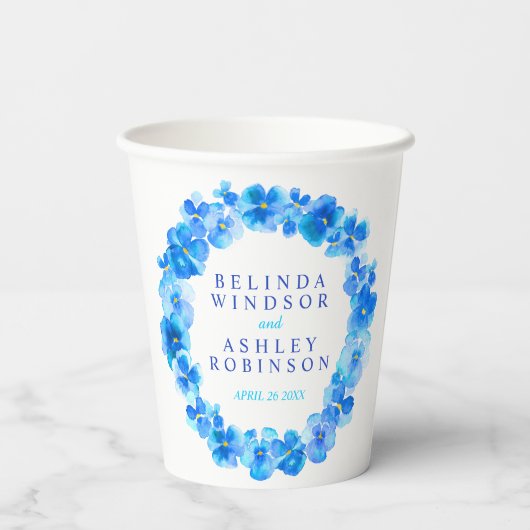 青パンジーの花リース水の色結婚のアート 紙コップ (裏面)