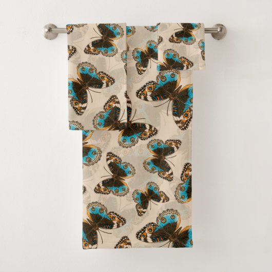 青パンジーバタフライパターンオフ白 バスタオルセット (インサイチュ)