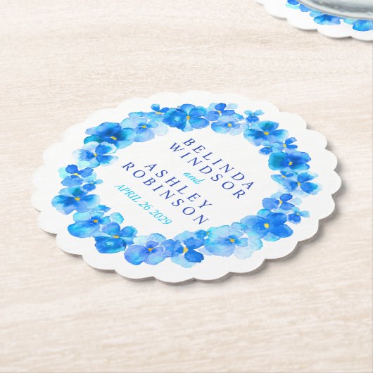 青パンジー花リース水彩画コースター ペーパーコースター (アングル)