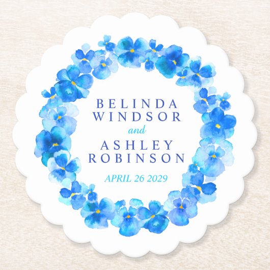 青パンジー花リース水彩画コースター ペーパーコースター (正面)