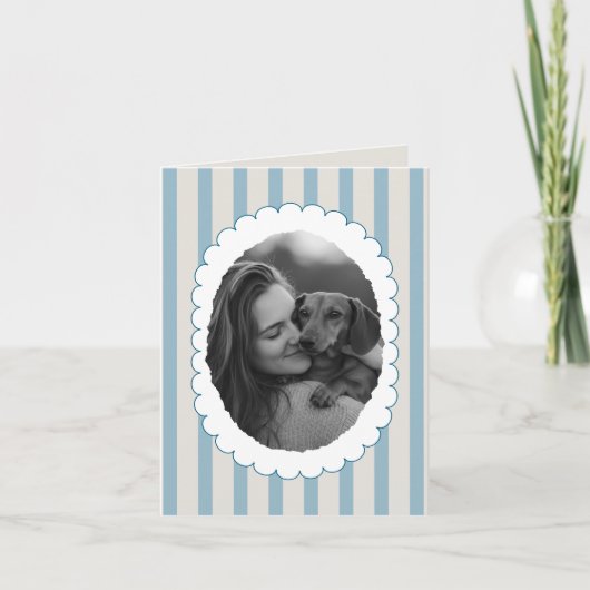 青パーソナライズされたいストライプのペット写真ダシュント サンキューカード (正面)