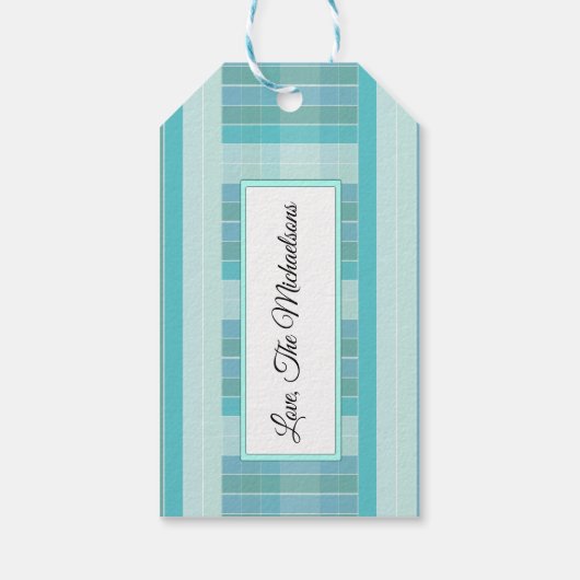 青パーソナライズされたとティール（緑がかった色）が市松模様にありがとうラベル ギフトタグ (裏面)
