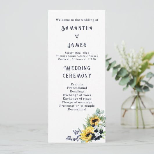 青パーソナライズされたとヒマワリ結婚式 プログラム (スタンド正面)