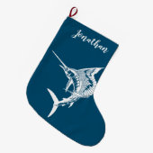 青パーソナライズされたと白のセイウチストッキング ラージクリスマスストッキング (正面 (吊り時))