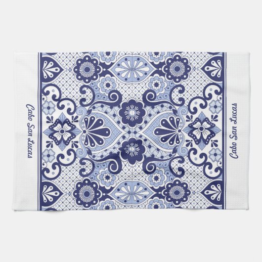 青パーソナライズされたと白のメキシコのタラベラ瓦 キッチンタオル (横)
