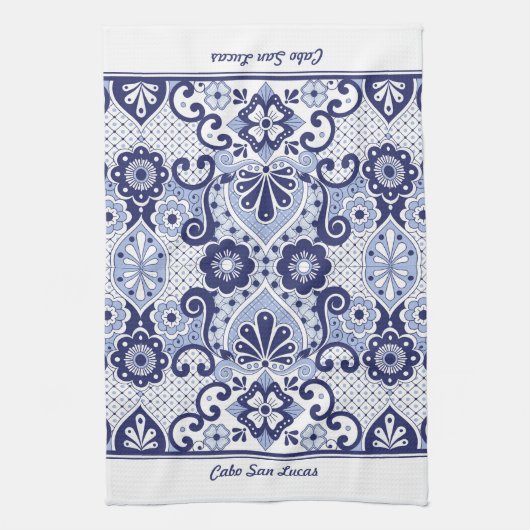 青パーソナライズされたと白のメキシコのタラベラ瓦 キッチンタオル (縦)