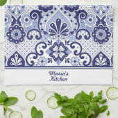 青パーソナライズされたと白のメキシコのタラベラ瓦 キッチンタオル (折り畳み)