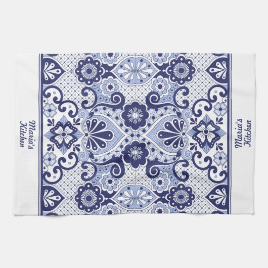 青パーソナライズされたと白のメキシコのタラベラ瓦 キッチンタオル (横)