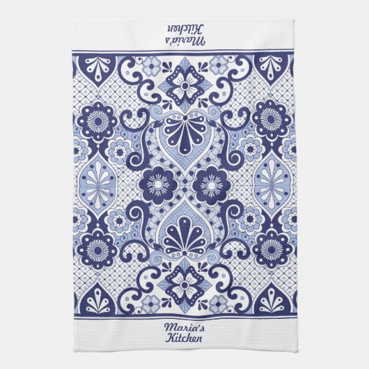 青パーソナライズされたと白のメキシコのタラベラ瓦 キッチンタオル (縦)