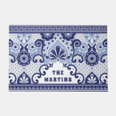 青パーソナライズされたと白のメキシコのタラベラ瓦 ドアマット (正面)