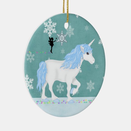 青パーソナライズされたと白のユニコーンと妖精 セラミックオーナメント (右)