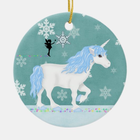 青パーソナライズされたと白のユニコーンと妖精 セラミックオーナメント (正面)