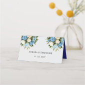 青パーソナライズされたと白のローズ座席表 プレイスカード (裏面)