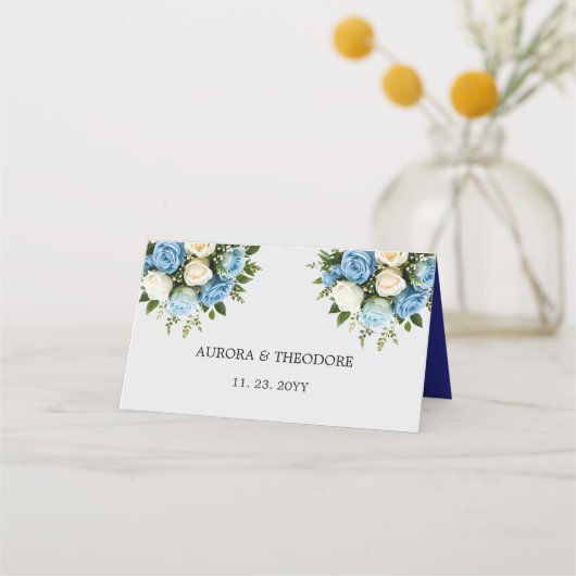 青パーソナライズされたと白のローズ座席表 プレイスカード (裏面)