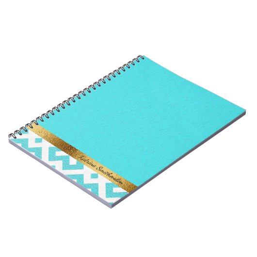 青パーソナライズされたと白の幾何学的および金ゴールド ノートブック (左側)