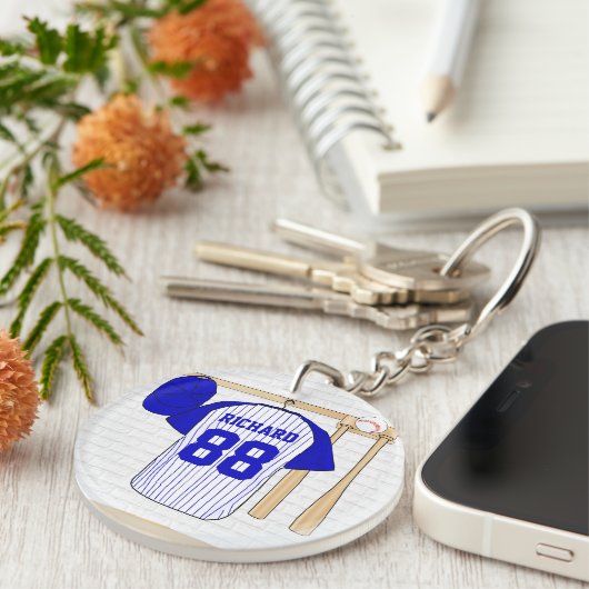 青パーソナライズされたと白の野球用ジャージー キーホルダー (正面右)