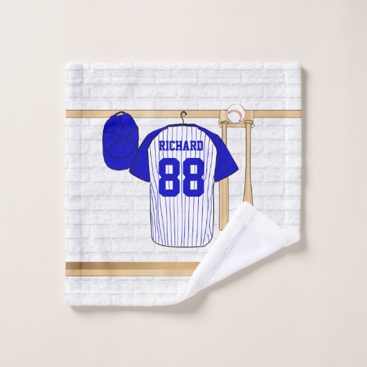 青パーソナライズされたと白の野球用ジャージー バスタオルセット (ウォッシュタオル)