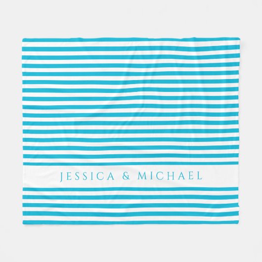 青パーソナライズされたと白ストライプの フリースブランケット (正面(横))