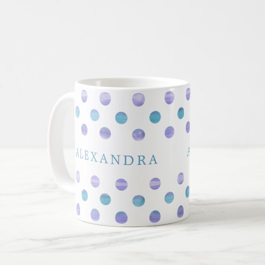 青パーソナライズされたと紫の水色水玉模様 コーヒーマグカップ (正面左)