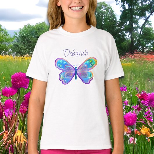 青パーソナライズされたと紫の蝶 Tシャツ
