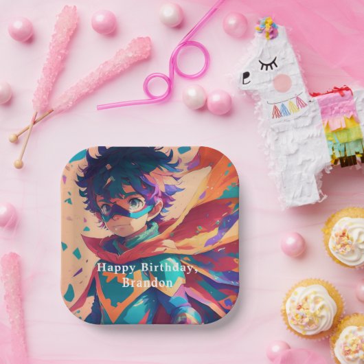 青パーソナライズされたと赤のアニメのスーパーヒーロー少年 ペーパープレート (パーティー)