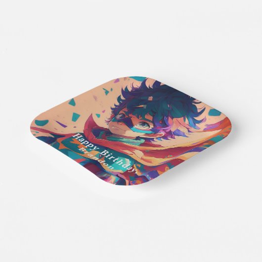 青パーソナライズされたと赤のアニメのスーパーヒーロー少年 ペーパープレート (傾斜あり)