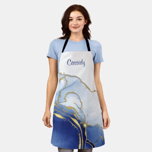 青パーソナライズされたと金ゴールドのグリッター エプロン (着用した状態)