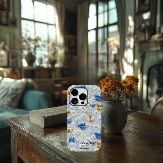青パーソナライズされたと金ゴールドの刺繍フローラ Case-Mate iPhone 14 PROケース