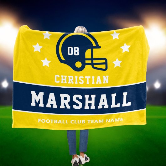 青パーソナライズされたと黄色のサッカー選手の名前 フリースブランケット