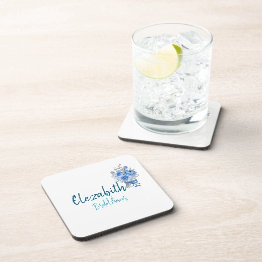 青パーソナライズされたエレガントフローラブライダルシャワー コースター (右側)