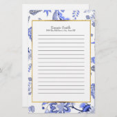 青パーソナライズされたエレガントフローラ 便箋 (正面/裏面)