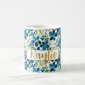 青パーソナライズされたセージ水カラーフローラ コーヒーマグカップ (中央)