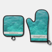 青パーソナライズされたフェイク水 鍋つかみ&鍋敷きセット (正面)