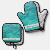 青パーソナライズされたフェイク水 鍋つかみ&鍋敷きセット (正面/裏面)