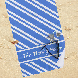 青パーソナライズされたフランスのと白のストライプ ビーチタオル