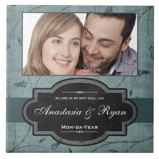 青パーソナライズされたフローラ結婚写真集 タイル (正面)