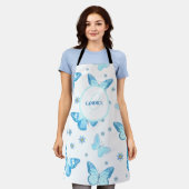 青パーソナライズされたフローラ蝶 エプロン (着用した状態)