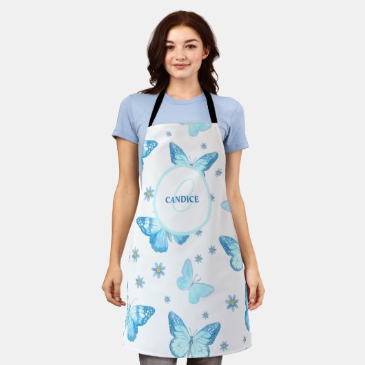青パーソナライズされたフローラ蝶 エプロン (着用した状態)