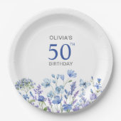 青パーソナライズされたフローラ50誕生日 ペーパープレート (正面)