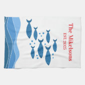 青パーソナライズされたモダン海沿岸魚 キッチンタオル (横)