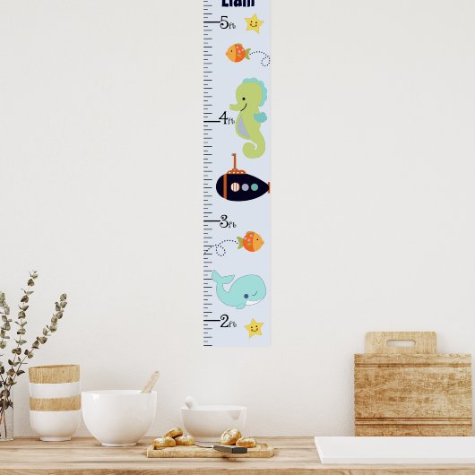 青パーソナライズされたラグーン/クジラ/魚の成長図 ポスター (キッチン)