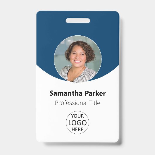 青パーソナライズされた写真、ロゴ、バーコード従業員 バッジ (正面)