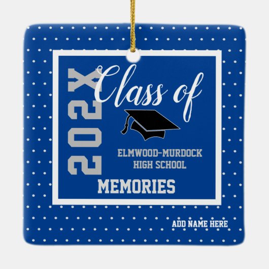 青パーソナライズされた卒業式クリスマス セラミックオーナメント (裏面)