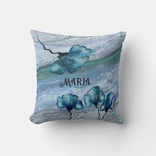 青パーソナライズされた大理石花枕 クッション (正面)
