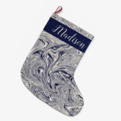 青パーソナライズされた大理石 ラージクリスマスストッキング (正面 (吊り時))