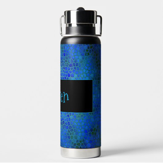 青パーソナライズされた恐竜の隠れ家 ウォーターボトル (背面)