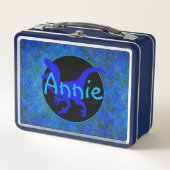 青パーソナライズされた恐竜の隠れ家 メタルランチボックス (正面)