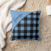 青パーソナライズされた水牛の格子柄 クッション (ブランケット)