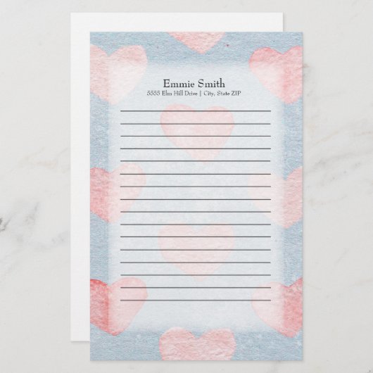 青パーソナライズされた水色のピンクのハート 便箋 (正面/裏面)